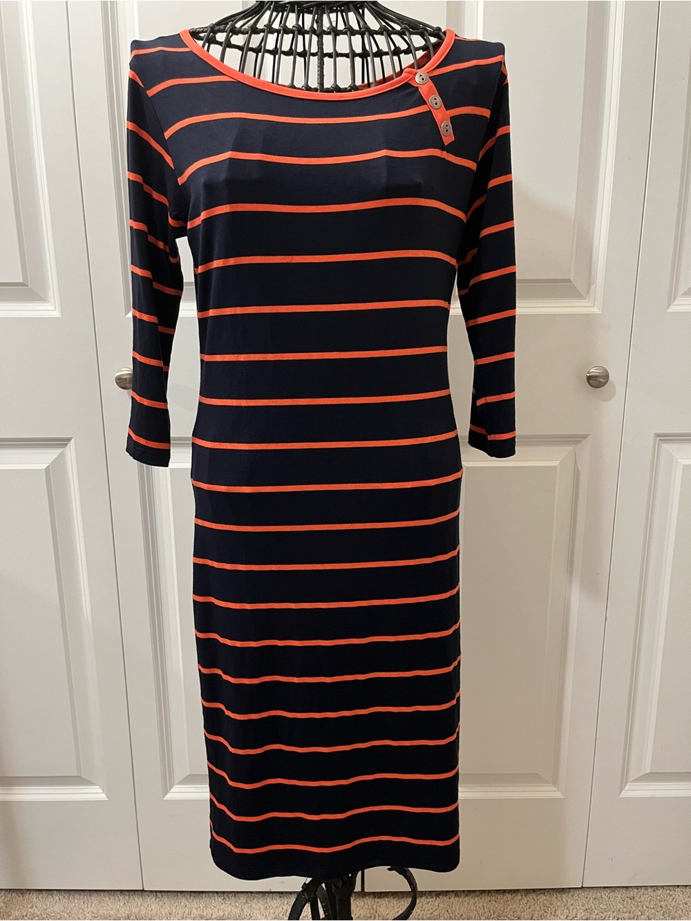 Navy and Coral Striped Boatneck Midi Dress